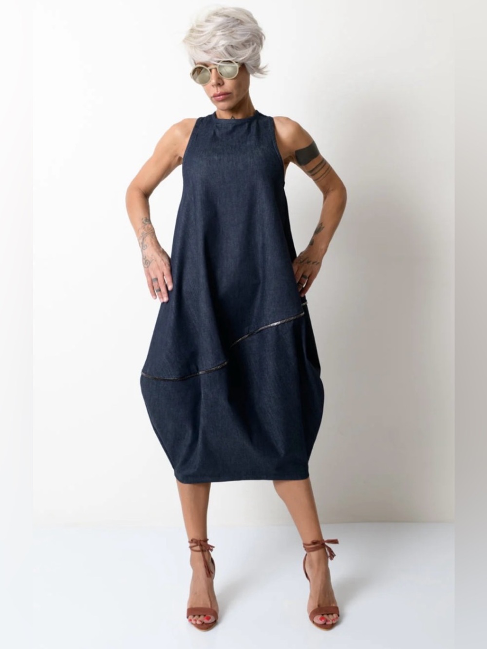 LOCKER ROOM BALLOON DENIM DRESS DARK BLUE WITH ZIPPER DETAILS Sz MEDIUM